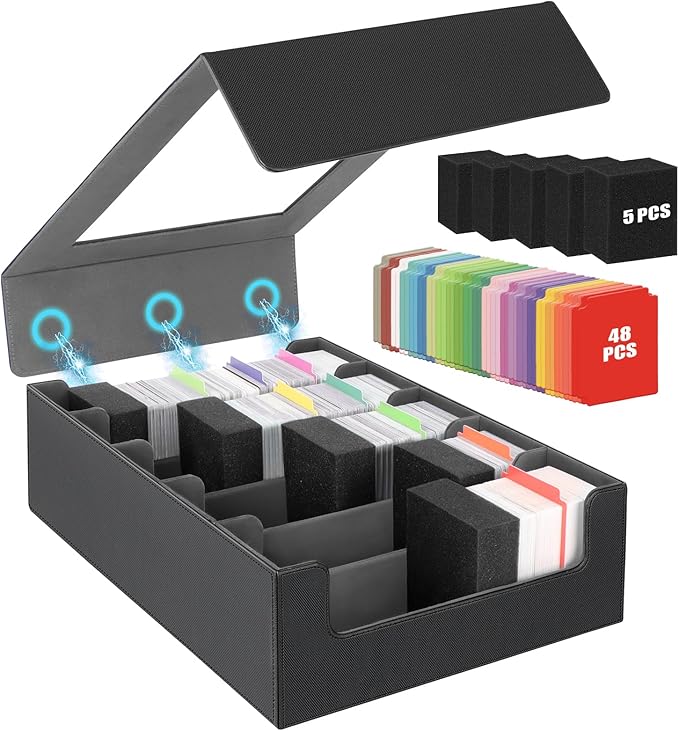 AOBOPLE 3900+ Trading Card Storage Box, Clear Lid and Magnetic Closure | 5-Row Card Box,PU leather,48 Dividers + 5 Foam Supports,Card Organizer For MTG TCG Sports, Gift For Collectors by AOBOPLE