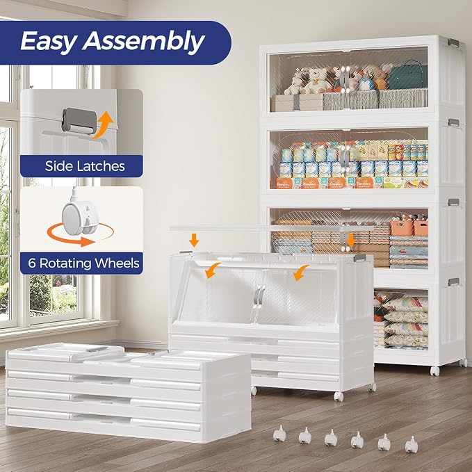 960QT Extra Large Stackable Storage Bins with Lid, 240Gal Plastic Closet Organizers and Storage Drawer, Collapsible Cabinet Box with Wheels Clear Doors for Home Kitchen Garage, 4Pack White - Image 5