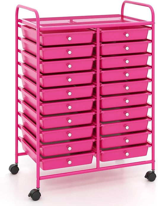 GOFLAME 20-Drawer Rolling Storage Cart, Multifunctional Art Craft Organizer Cart, Mobile Utility Storage Cart with Removable Drawers & Lockable Wheels, Craft Cart for Home Office, Hot Pink by GOFLAME