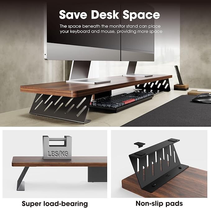 Fenge Monitor Stand Riser, Wooden & Metal Desk Shelf Organizer, Brown | 42.5 Inch Dual Monitor Riser for 2 Monitors, Multifunctional Monitor Shelf for Laptop, PC, Printer - Image 6