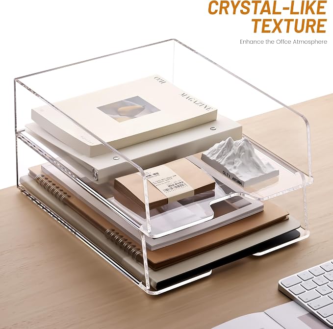 HeZone Enlarged Letter Paper Tray - Clear Acrylic Desk Organizers for Document Organization and File Storage - Stackable Office Accessories - 2 Pack (Large Tray V) - Image 7