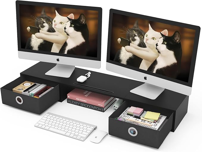 WESTREE Dual Monitor Stand Riser with Two Drawers, Extra Large Storage Monitor Stand for 2 Monitors, Desktop Oraganizer Stand for Computer,Laptop,Screen,Printer,TV by WESTREE