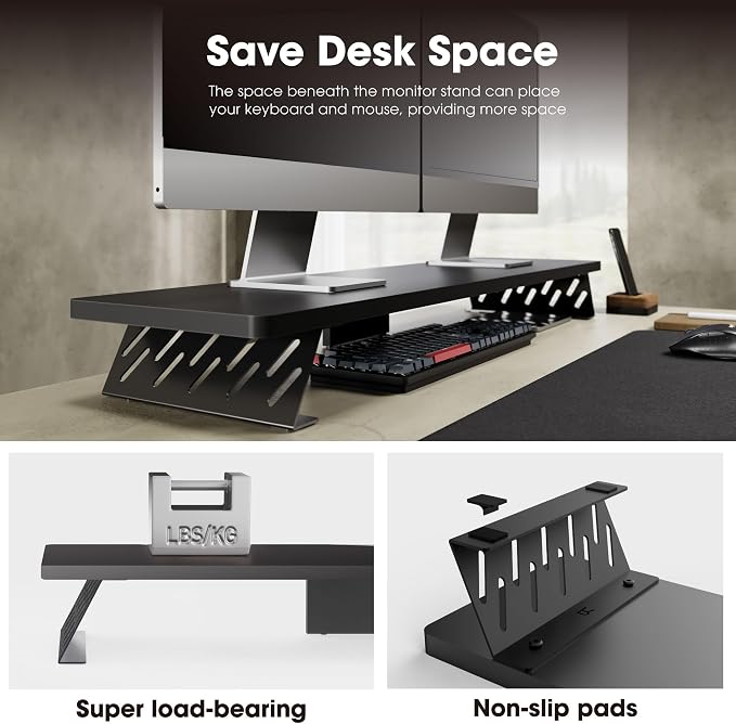 Fenge Monitor Stand Riser, Wooden & Metal Desk Shelf Organizer, Black | 42.5 Inch Dual Monitor Riser for 2 Monitors, Multifunctional Monitor Shelf for Laptop, PC, Printer - Image 6