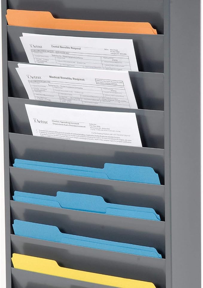 Global Industrial Steel Medical Chart Hanging Wall File Holder, 10 Pockets | Gray Powder Coat Finish, Wall Mounted Magazine and File Folder Holder, 12-1/4"W x 5-3/4"H Pockets - Image 2