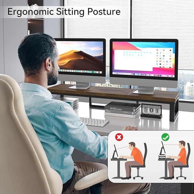 IBUYKE Large Dual Monitor Stand Riser for 2 Monitors, Wooden Desktop Computer Monitor Stand Storage Shelf and Steel Legs,Dual Screen Office Desk,Monitor Riser for Computer, Printer,Laptop,TV,Rustic Brown UTDJ002H - Image 2