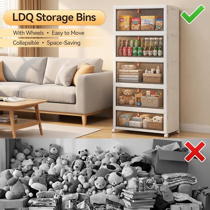 LDQ 170 Qt Large Storage Bins with Lids, 5 Tier Stackable Storage Cabinet with Wheels & Clear Doors, Foldable Plastic Closet Organizer for Bedroom, Bathroom & Kitchen - Image 3