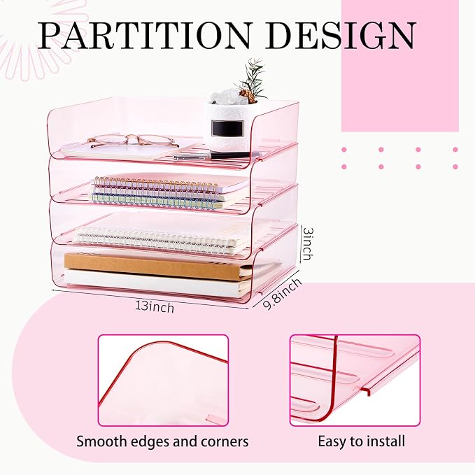 Harloon 4 Tier Pink Acrylic Paper Organizer 13 x 9.8 x 3 Inches Letter Tray Desk File Organizer Stackable Documents Clear Letter Paper Holder Office Tray for A4, Office Home File Desktop Storage - Image 2