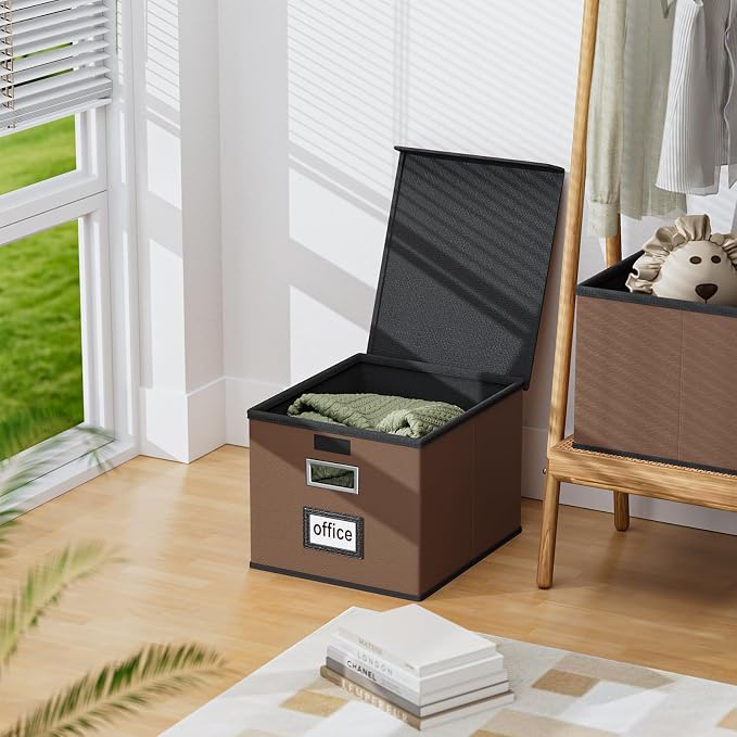 File Organizer Box with Lids, Collapsible File Folder Organizer | File Box with Plastic Slides for Document, Filing Bin for Letter Size Hanging File Folders (1 Pack, Dark Brown, Leather) - Image 5