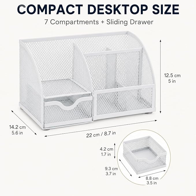 Exerz Desk Organizer 7 Compartments Metal Mesh Pen Holder Caddy White | Compact White Desktop Storage for Notes Clips Scissors Rulers Craft Tools Makeup Study and Home Use - Image 2