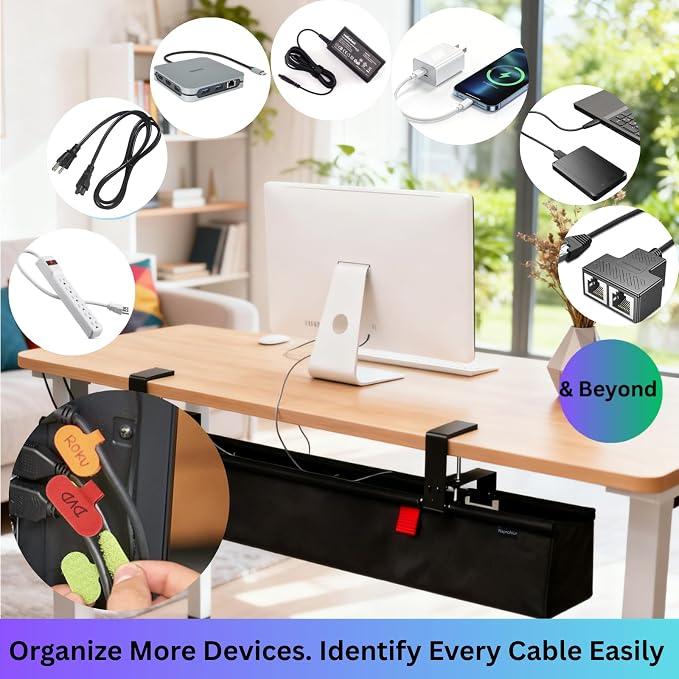 Under Desk Cable Management Tray, 48" Extra Large No Drill Cord Organizer with Easy to Clean Oxford Fabric, Clamp On Power Stripe Holder for Office, Home Office & Gaming Space - Image 6