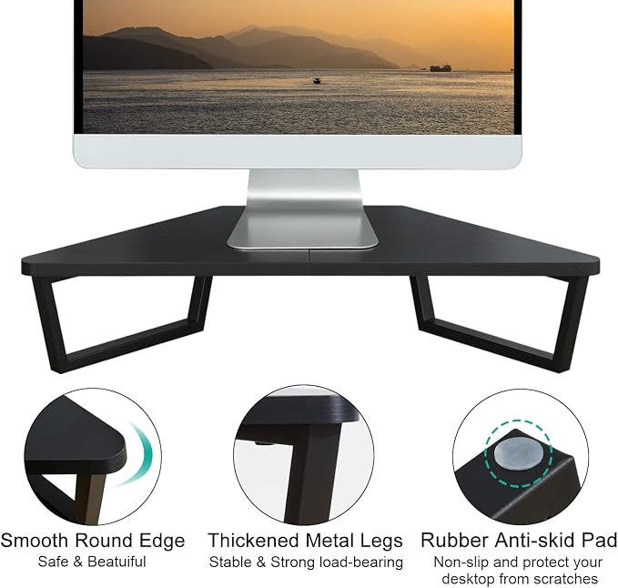 TEAMIX 26 inch Corner Monitor Stand Riser with Keyboard Storage, Black | Triangle Monitor Stand, Wood & Metal Computer Stand, Laptop Riser, Desktop Organizer, for L Shaped Desk, Home Office & Gaming - Image 4