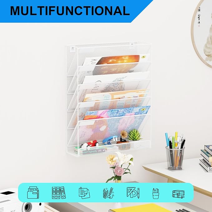 Wall File Organizer Holder Mesh Hanging Paper Document Holder,Vertical 6 Pocket Tier for Office Home, White - Image 6