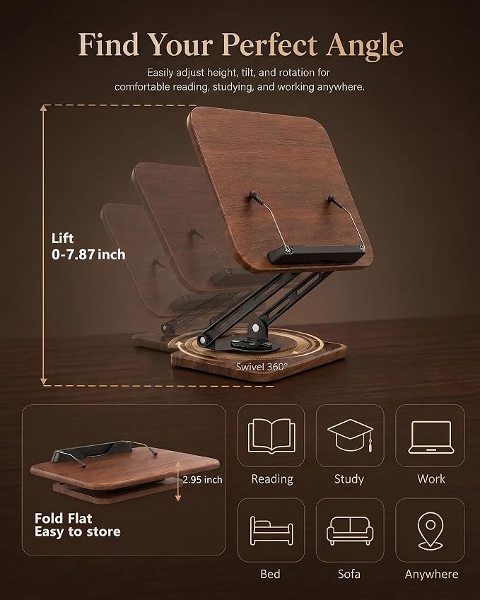 Adjustable Book Stand, Book Holders for Reading Hands Free | Ergonomic Stand for Cookbooks, Bibles, Laptops & Tablets with Page Clips and 360° Rotation - Image 7
