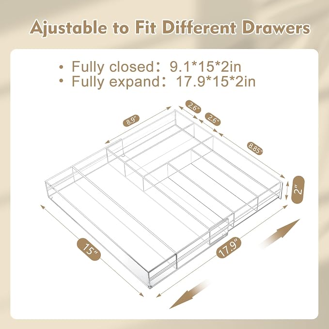 Briwooody Clear Acrylic Drawer Organizer Expandable,7 Compartments,Large | 9'' up to 18'' x 12'' x 2.1'' Desk Drawer Organizer Trays Adjustable with Desk Accessories for Makeup Office Bathroom - Image 2