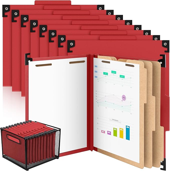 Henoyso 15 Pcs Hanging Pressboard Classification Folders with 4 Hangers, 3 Divider/ 8 Section, Letter Size, 8 Fasteners, 4 Inch Expansions, 1/3-cut Tab File Folder for Office School Medical(Dark Red) by Henoyso