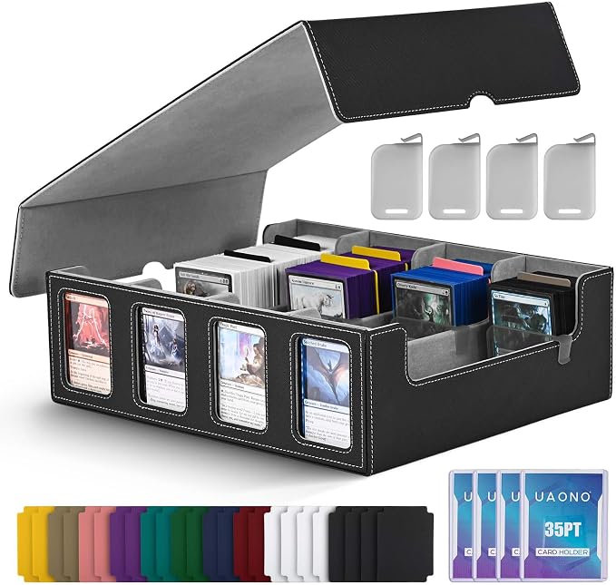 UAONO Trading Card Storage Box with Commander Display, Black Grey | 2400+ Deck Box for MTG with Removable Cover, Top Loaders Card Case Fits Magic TCG PTCG Sports Cards, 24 Dividers, 4 Stoppers by UAONO