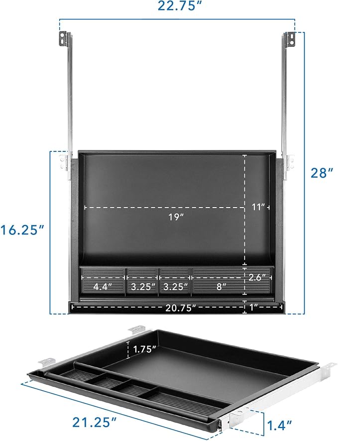 MOUNT-IT! Large Under Desk Pencil Drawer 16 inch Deep | 21.25” W, Ball Bearing Slide-Out Organizer for Office Supplies, Paper & Pencils | Fits Desks Over 1” Thick, Adjustable Extension 16.25”–28” - Image 3