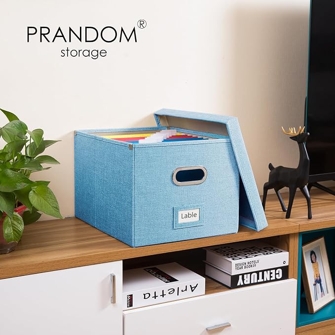 File Organizer Box - Set of 4 Collapsible Decorative Linen Filing Storage Hanging File Folders with Lids Office Cabinet Letter/Legal Size Blue 17.1x14x11.1 inch - Image 2