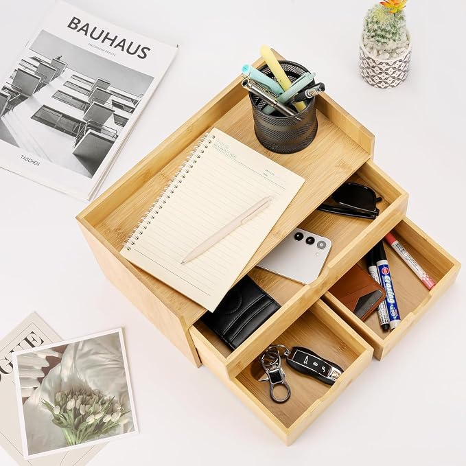 Charmewooden Bamboo Desk Organizer 3 Drawer with shelf, Countertop Organizer with Drawers Makeup Storage Drawer 3 Drawers Tabletop Storage Organization Box Home Office Workspace - Image 7