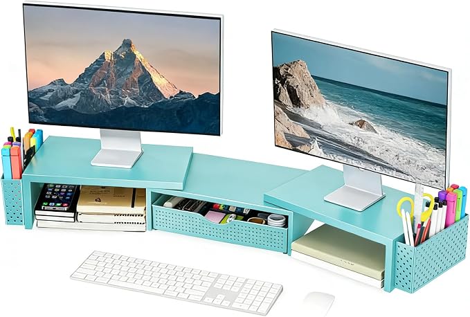 Spacrea Metal Desk Organizers and Accessories, Dual Monitor Stand Riser with Drawer and 2 Pen Holders, Desk Accessories & Workspace Desktop Organizers for Office Supplies (Blue) by Spacrea