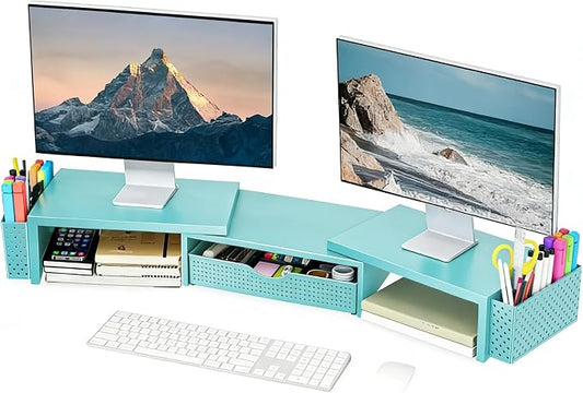 Spacrea Metal Desk Organizers and Accessories, Dual Monitor Stand Riser with Drawer and 2 Pen Holders, Desk Accessories & Workspace Desktop Organizers for Office Supplies (Blue) by Spacrea