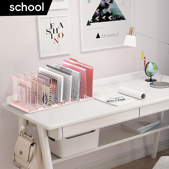 9-Section Desk File Organizer, Vertical File Holder, Mesh Desktop File Folder Metal File Organizer Stand for Office Home Classroom, Pink - Image 8