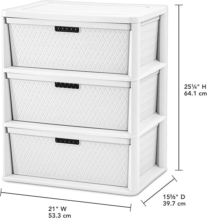 2Pack,3-Drawer Storage Tower, Wide Plastic Organizer with Removable Bins | Decorative Weave Design, Tool-Free Assembly, Removable Bins, Carry Handles, Drawer Stops, BPA-Free,White - Image 2