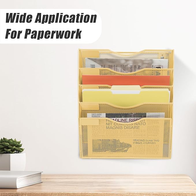 5 Pocket Mesh Hanging Wall File Organizer, Wall Mounted Mail Paper Document Folder Holder, Clipboard Storage Organization Magazine Rack with Nametag Label for Office Home School, Gold - Image 6