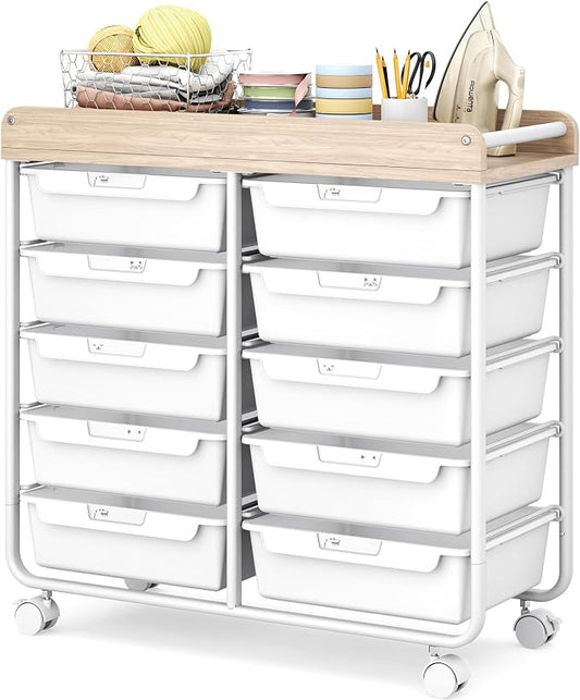 10 Drawers Rolling Cart with Wooden Tabletop, Utility Storage Cart with Wheels, Art Supply Craft Organizer on Wheel with Metal Frame & Handles for Home Office School (Pure White) by APEXCHASER