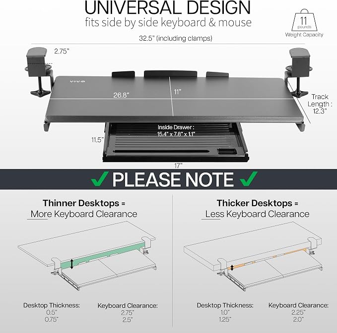 VIVO Large Keyboard Tray Under Desk Pull Out Platform with Pencil Drawer, Extra Sturdy C Clamp Mount, 27 (33 Including Clamps) x 11 inch Slide-Out Tray with Storage Drawer, Black, MOUNT-KB05-4D - Image 3