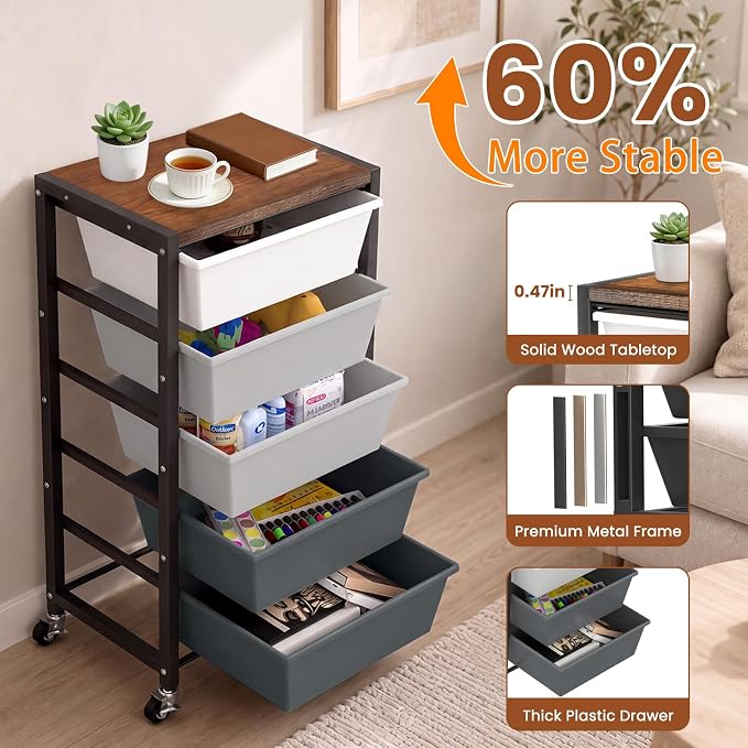 Rolling Cart with 5 Drawers, Plastic Drawer Storage Carts with Wheels & Wooden Tabletop, Metal Utility Cart for Office Bedroom Living Room Classroom, Craft Organization and Storage, Grey - Image 5