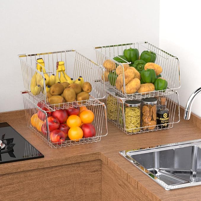 Wire Storage Baskets Stackable Organizer Basket Bins Stacking Household Wire Baskets with Handles Storage Organization for Kitchen, Pantry, Bathroom, Cabinets, Closets, Bedrooms, Set of 2 - Image 4