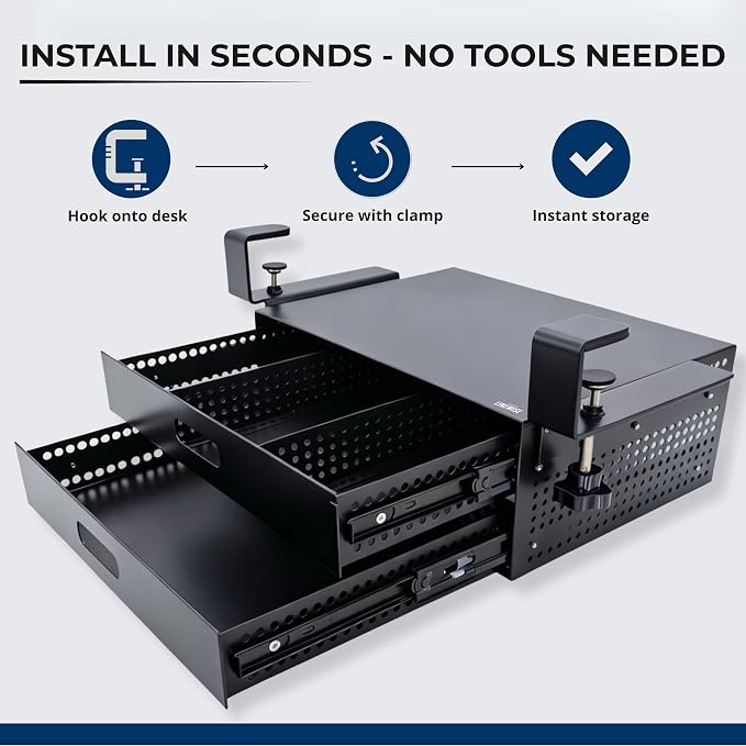 Clamp-On Under Desk Drawer Slide Out - No-Drill Metal Storage, LINEWISE | Also works as an under-table storage drawer, organizer, or attachment - installs in minutes, no tools, no damage. - Image 4