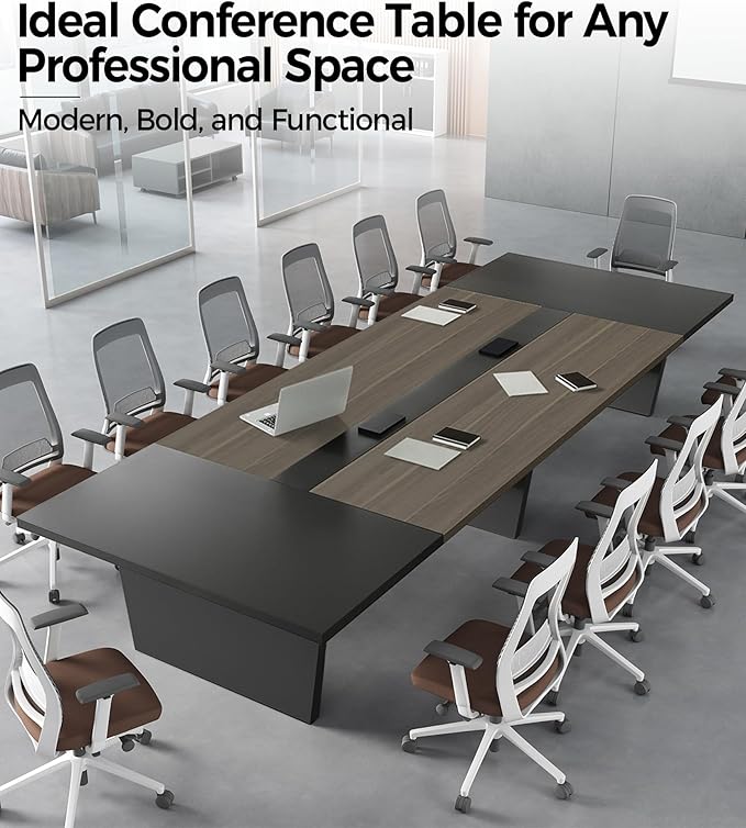 11.5FT Conference Table, Large Rectangular Seminar Meeting Table, Modern Conference Room Table with Cable Management & 2" Thickened DeskTop for Office Meeting (Oak + Gray, 137"L * 59"W * 30"H)
