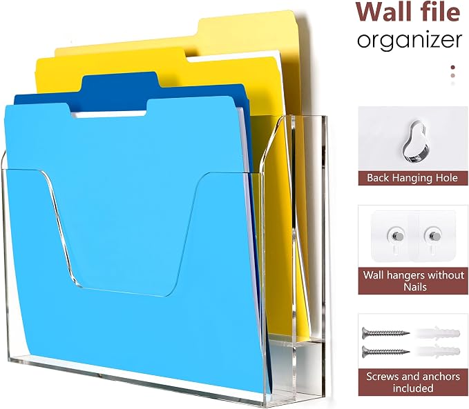DINGHUO Wall Hanging File Organizer, Acrylic Mail Organizer wall mounted File Holder, Clear 2 Tier Folder Paper Document Magazine Rack for Desk Office School Home - 1 Pack - Image 2