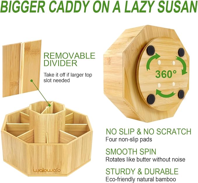 Bamboo Rotating Art Supply Organizer Caddy Holds 800+ Pencils Spinning Crayon 160 Marker Holder Desk Brush Colored Pencil Storage for Office Classroom Organization Stationary (Larger VER) - Image 3