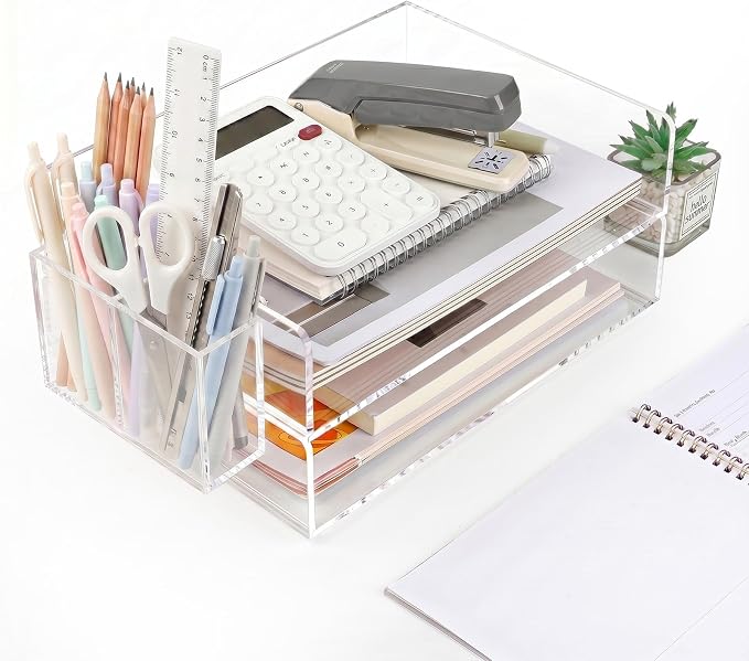 2 Pack Acrylic Paper Tray and Pen Holder Organizer for Desk Clear File Organizer,Acrylic Desk Organizers and Accessories Sorter,Perfect for File Paper, Ipad, Letter, A4 Office File, Books, Notes. by Unknown