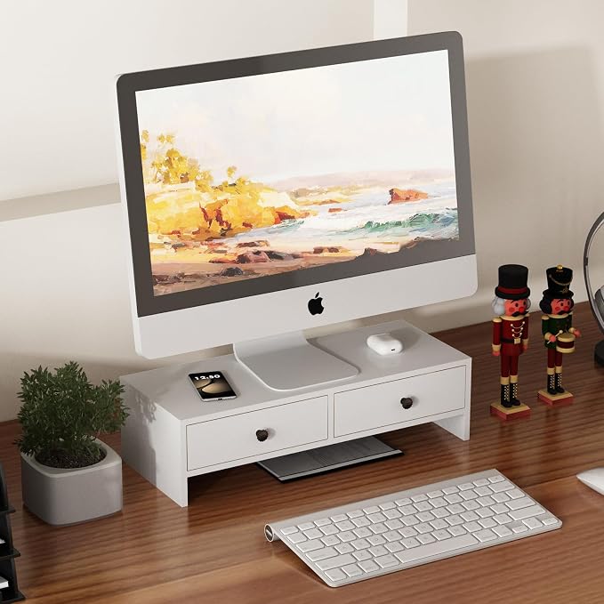 WELLAND Monitor Stand Riser with Drawers, Computer Monitor Stand, Desktop Organizer Stand for Laptop, PC, Office Supplies, White - Image 2