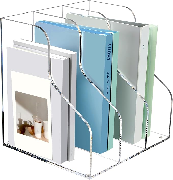 SANRUI 3 Slots Acrylic Magazine Holder, Desktop File Sorter Organizer Rack Bookshelf, Workspace Sorters Office Desk Accessories Organization Storage Stand, Clear by SANRUI