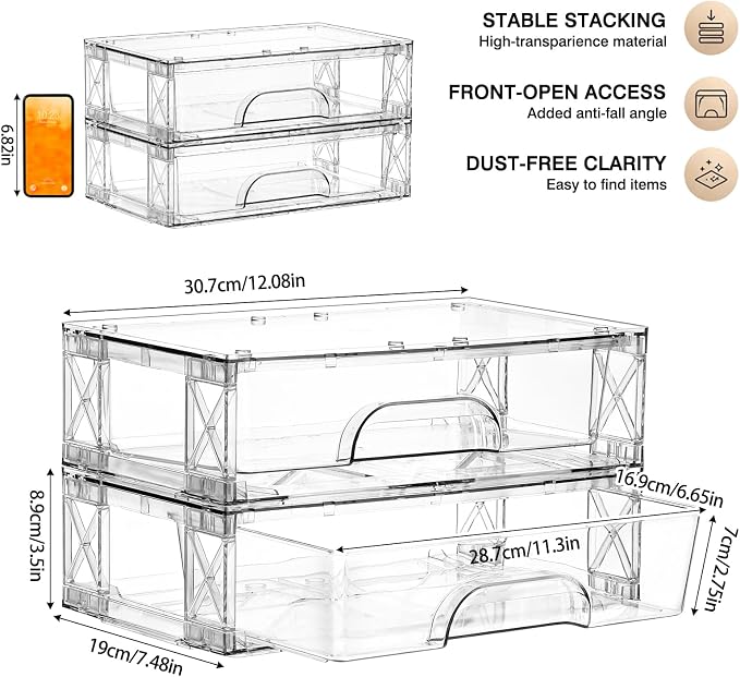Clear Stackable Storage Drawers 4 Pack 3.5in Organizer Plastic Bins | Clear Plastic, Pull-Out Drawers, Easy Assembly, Stackable Design, for Cosmetics Bathroom Kitchen and Cabinet Storage - Image 3