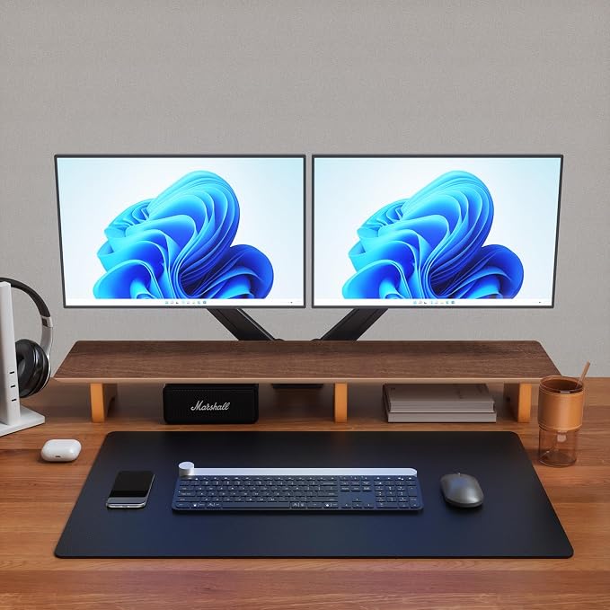 Aothia Solid Wood Dual Monitor Stand Riser for Desk, 43 Inch Black Walnut Computer Monitor Riser with Cork Legs, Extra Long Desktop Organizer Shelf for 2 Monitors, Laptop & Printer - Image 3