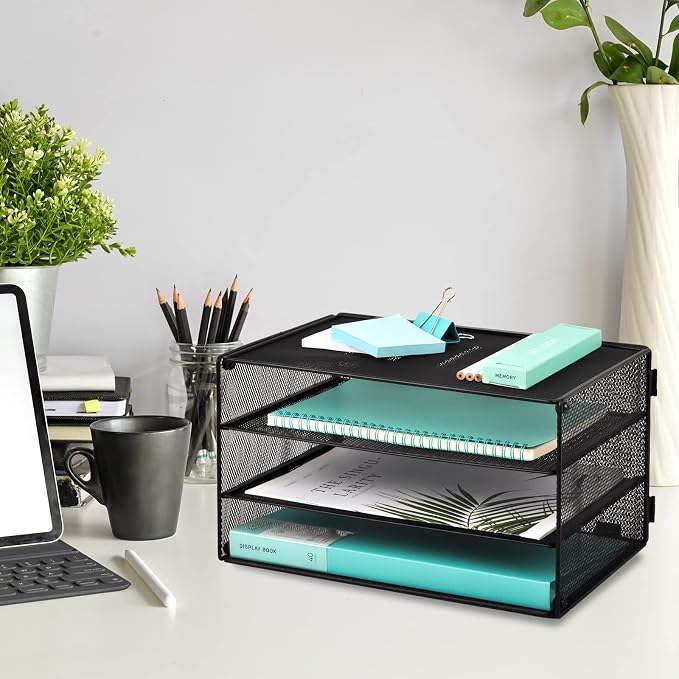 3 Tier Mesh Desk Organizer Tray, File Paper Letter Folder Holder Desktop Paper Sorter Mail Organization Rack Storage Accessories, for Office Home School Classroom, Black - Image 2