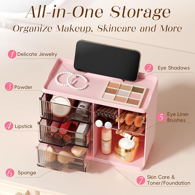 Small Makeup Organizer with Drawers, Stackable Bathroom Couneter Organizer with Phone Holder, Versatile Vanity Organizer Countertop, Cosmetic Organizer for Makeup Brush, Skin Care, Lotion -Pink,1Pack - Image 2
