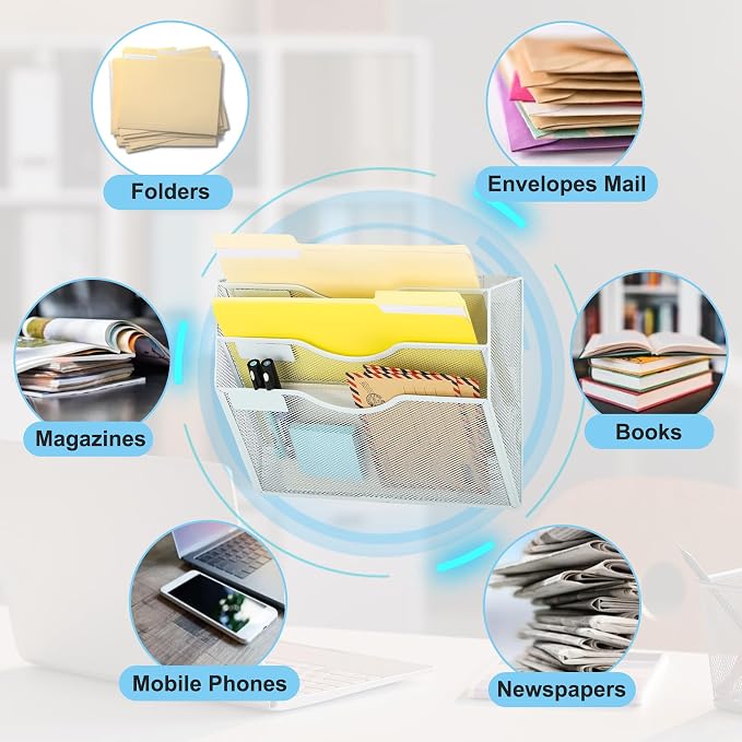 Magnetic 3 Pocket Mesh Hanging Wall File Organizer, Wall Mounted Mail Paper Document Folder Holder, Clipboard Storage Magazine Rack with Nametag Label for Office Home School, White - Image 4