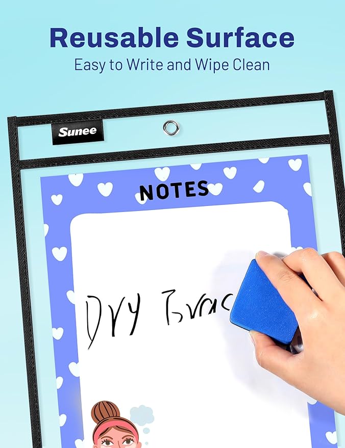 SUNEE 30 Packs Oversized Reusable Dry Erase Pocket Sleeves with 2 Rings, Black 10x14 Ticket Holders, Clear Plastic Sheet Protectors, Teacher School Classroom Supplies - Image 3