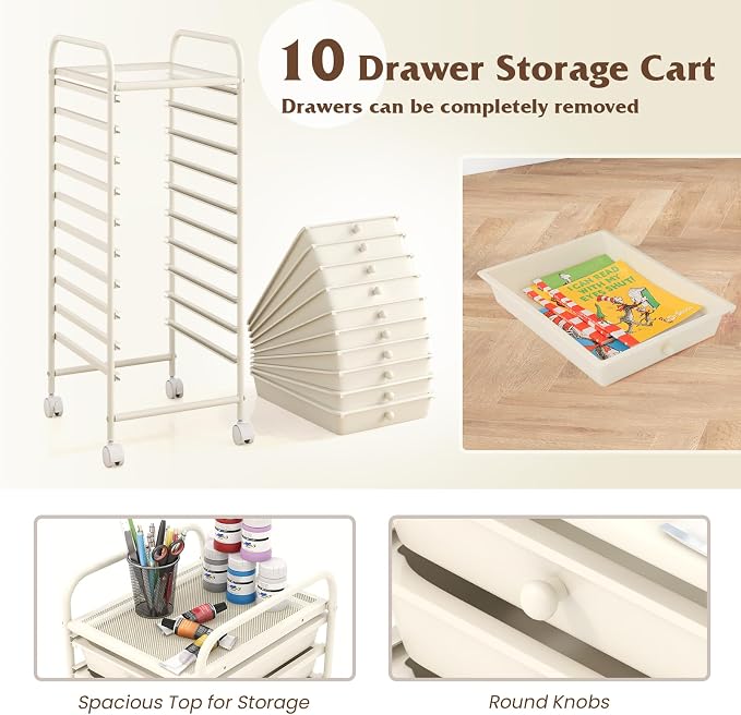 Storage Cart, Rolling Utility Cart with 10 Drawers, Portable Handles & Lockable Wheels, Mobile Paper Toys Storage Organizer Large Capacity for Home Office School Teacher (White) - Image 4