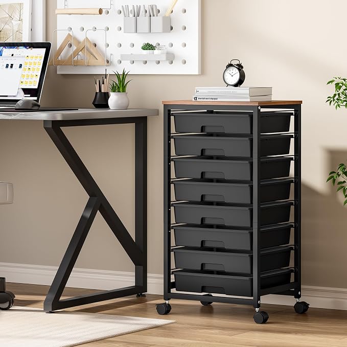 SYKIARIOL Rolling Storage Cart with Drawers, 8 Drawers Utility Cart,Black | Rolling Drawer Cart with Wooden Tabletop,Storage Drawer Cart for Living Room,Classroom,Bedroom,Dorm,Office - Image 5