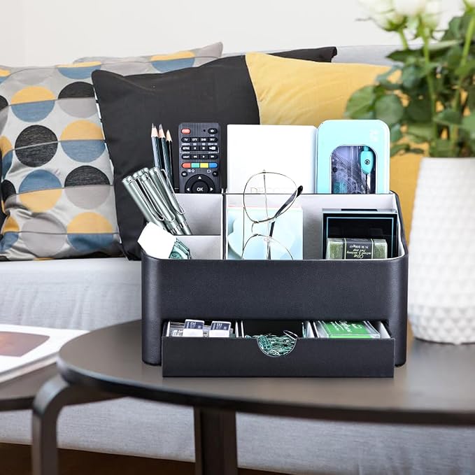 Desk Organizer with Drawer, Multifunction Pencil Holder for Desk, Desk Organizer and Accessories 5 Compartments for Home Office Supplies (Black) - Image 8