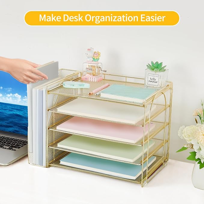 AUPSEN Gold Desk Organizers and Accessories, 5-Tier Desktop Paper File Organizer with Removable File Holder, Desk Accessories & Workspace Organization for Home Office Supplies (Gold) - Image 5