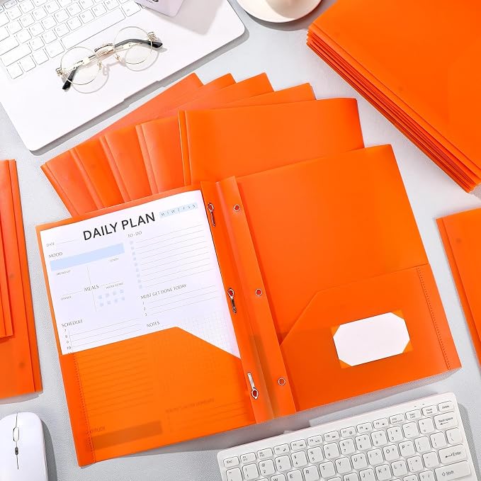 Cholemy 72 Packs Pocket Folders with Prongs Heavy Duty Plastic Folder with Business Card Slot 3 Prong Fasteners for School Office (Orange) - Image 4